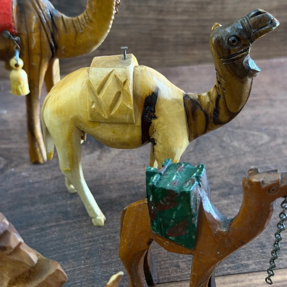 Vintage Hand Carved Olive Wood Nativity Animal Figurines Set of 5 Camels Donkey
